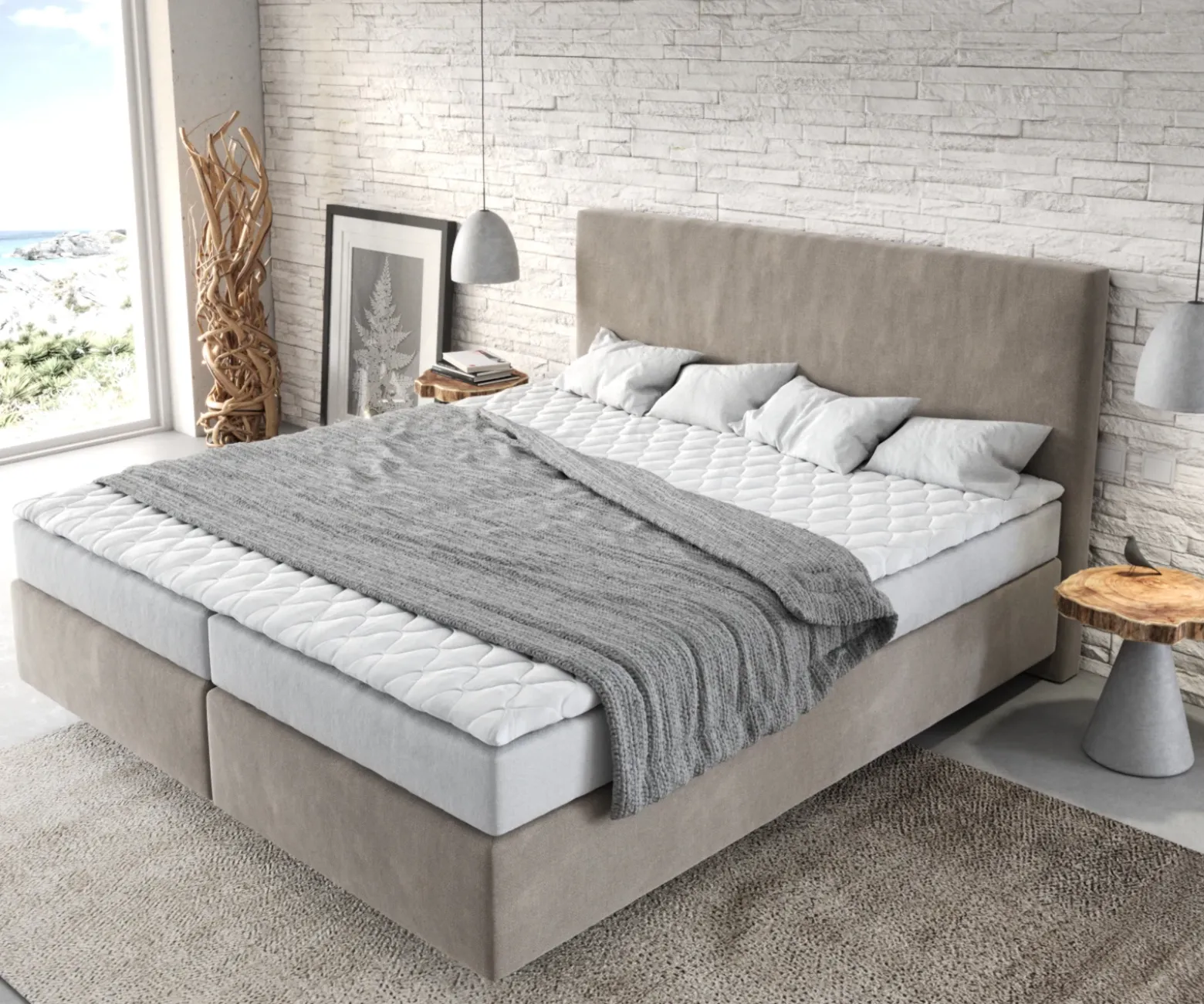 BoxspringbettDream-Well 180x200 cm Mikrofaser Beige mit Matratze und Topper Sofort versandfertig