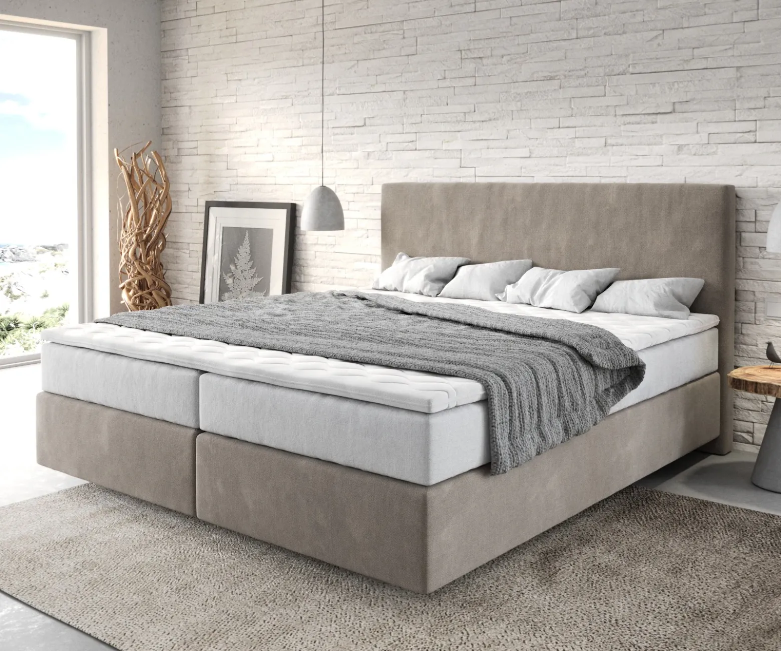 BoxspringbettDream-Well 180x200 cm Mikrofaser Beige mit TFK Matratze und Visco Topper Sofort versandfertig