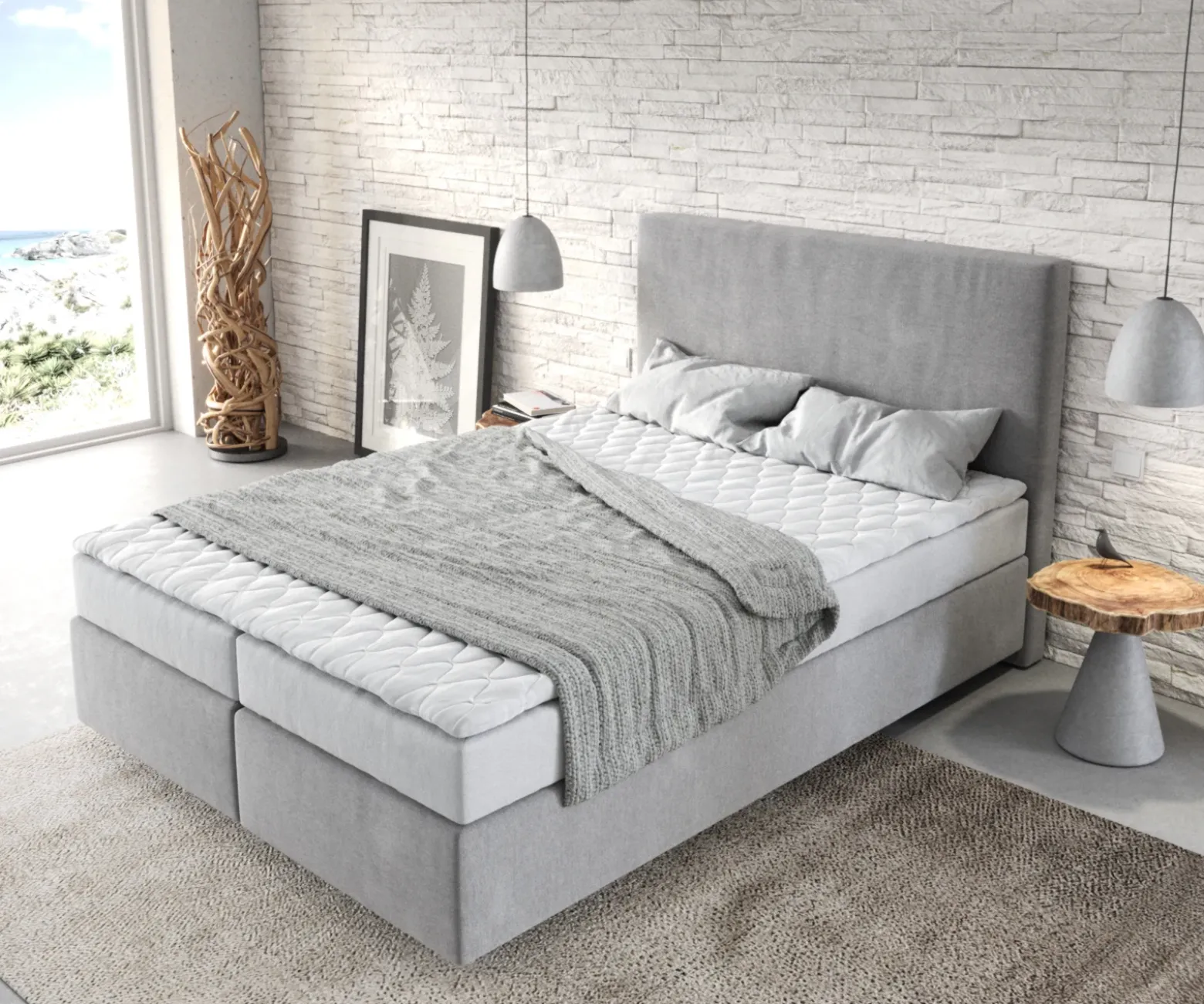 BoxspringbettDream-Well 140x200 cm Mikrofaser Grau mit Matratze und Topper Sofort versandfertig