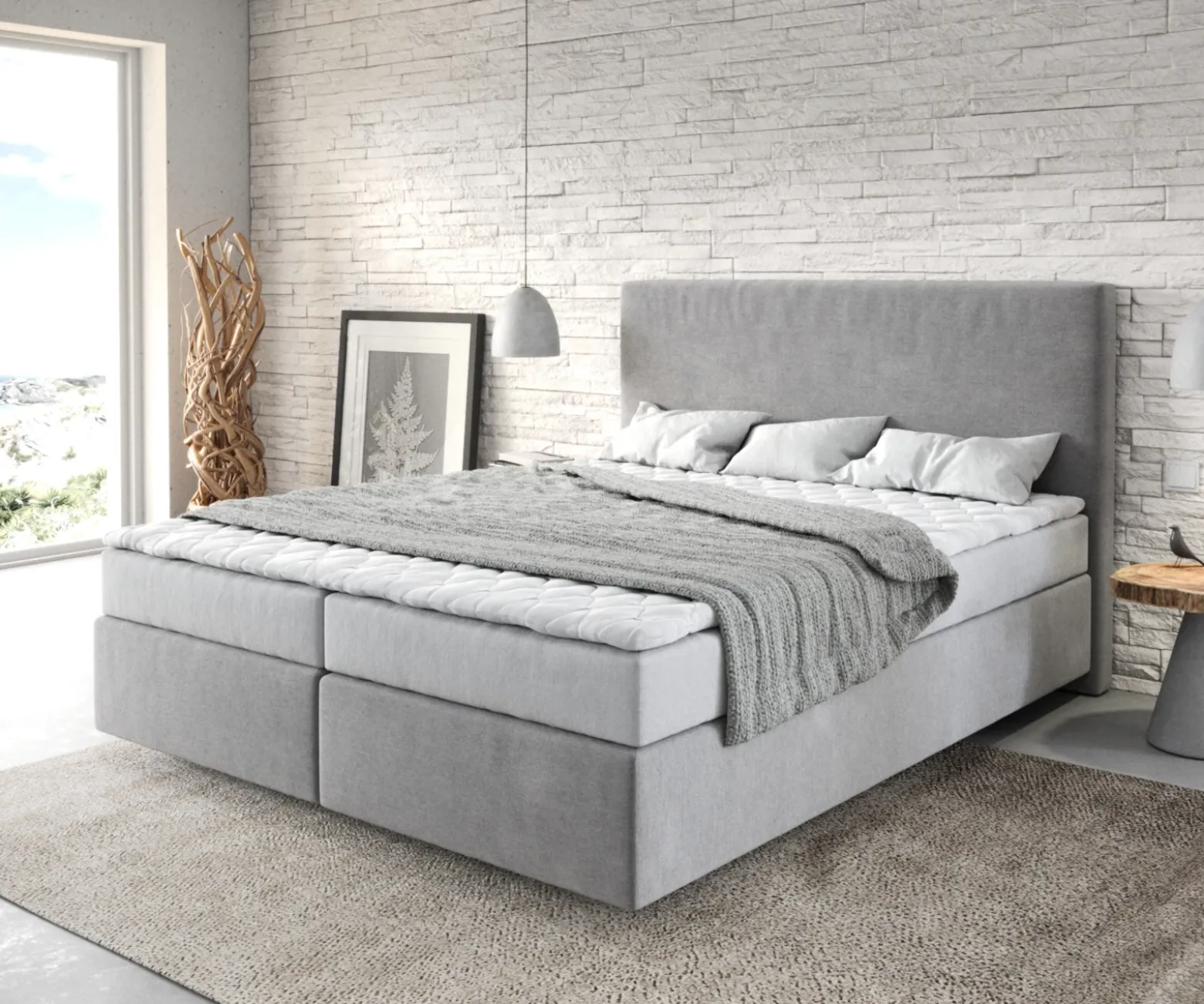 BoxspringbettDream-Well 160x200 cm Mikrofaser Grau mit Matratze und Topper Sofort versandfertig