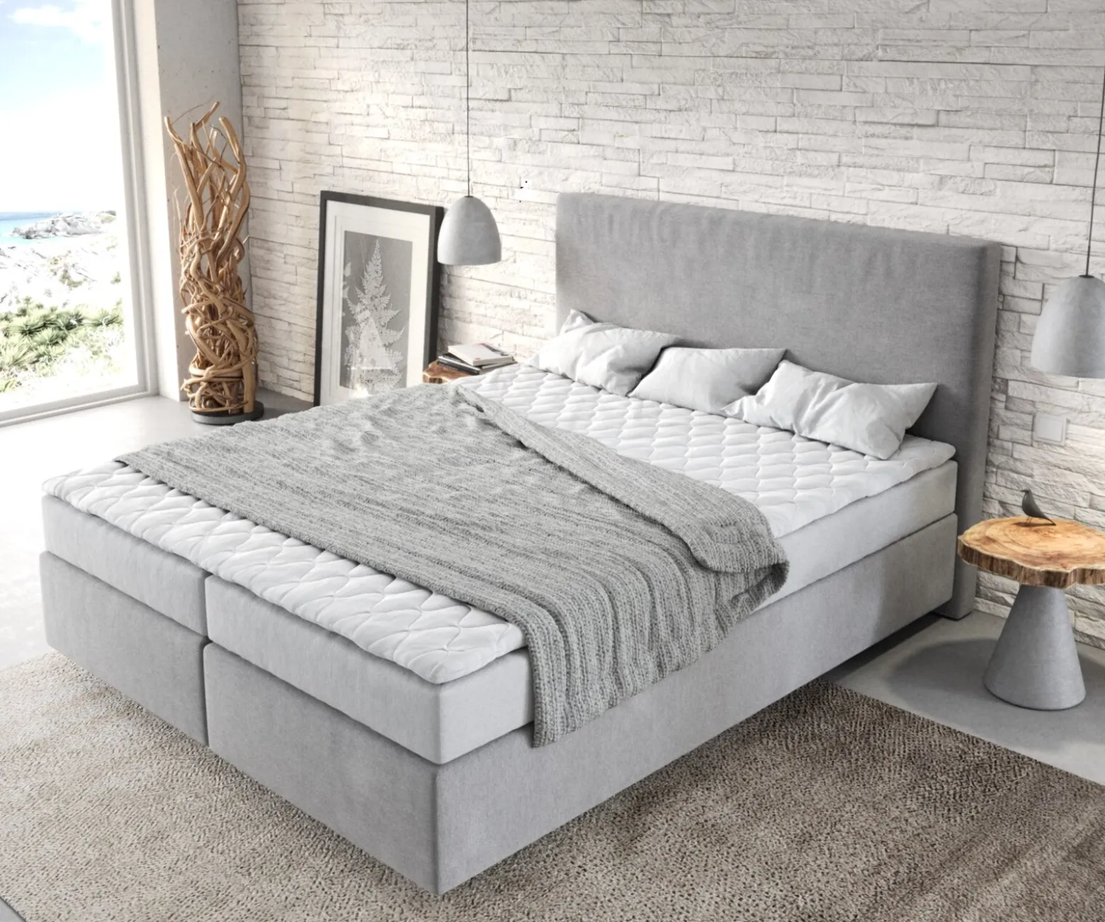 BoxspringbettDream-Well 160x200 cm Mikrofaser Grau mit Matratze und Topper Sofort versandfertig