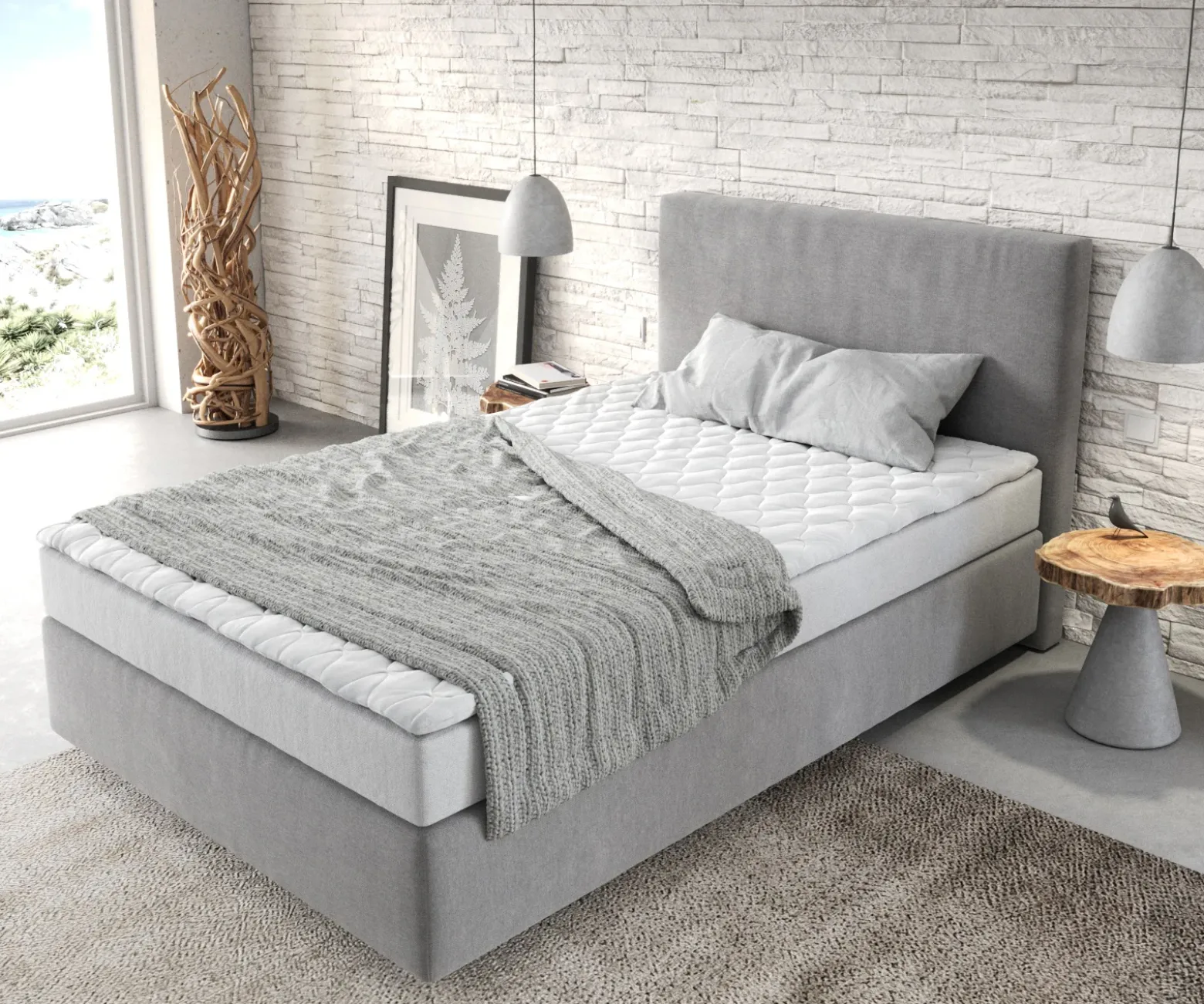 BoxspringbettDream-Well 120x200 cm Mikrofaser Grau mit Matratze und Topper Sofort versandfertig