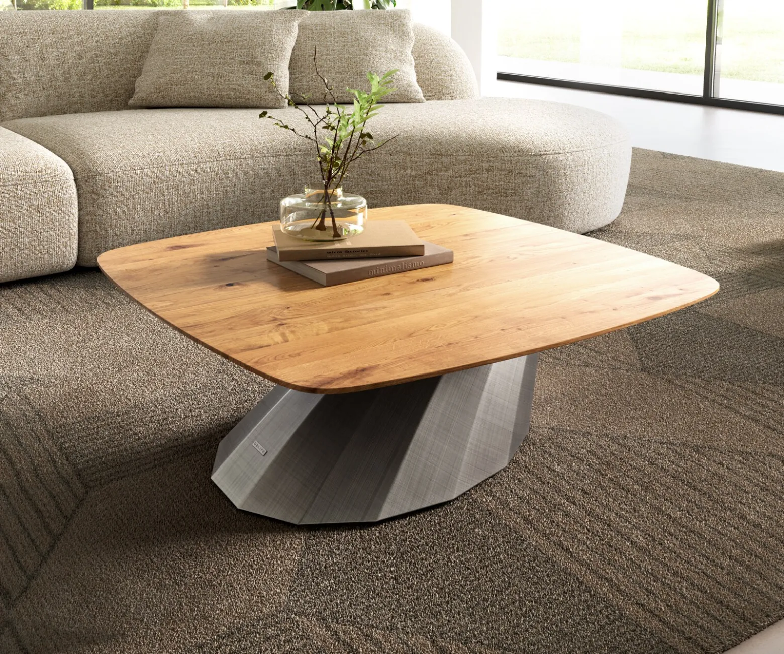 CouchtischEdge Boot 90x90 cm Eiche Natur Schweizer Kante Parabi Metallic Silber Sofort versandfertig