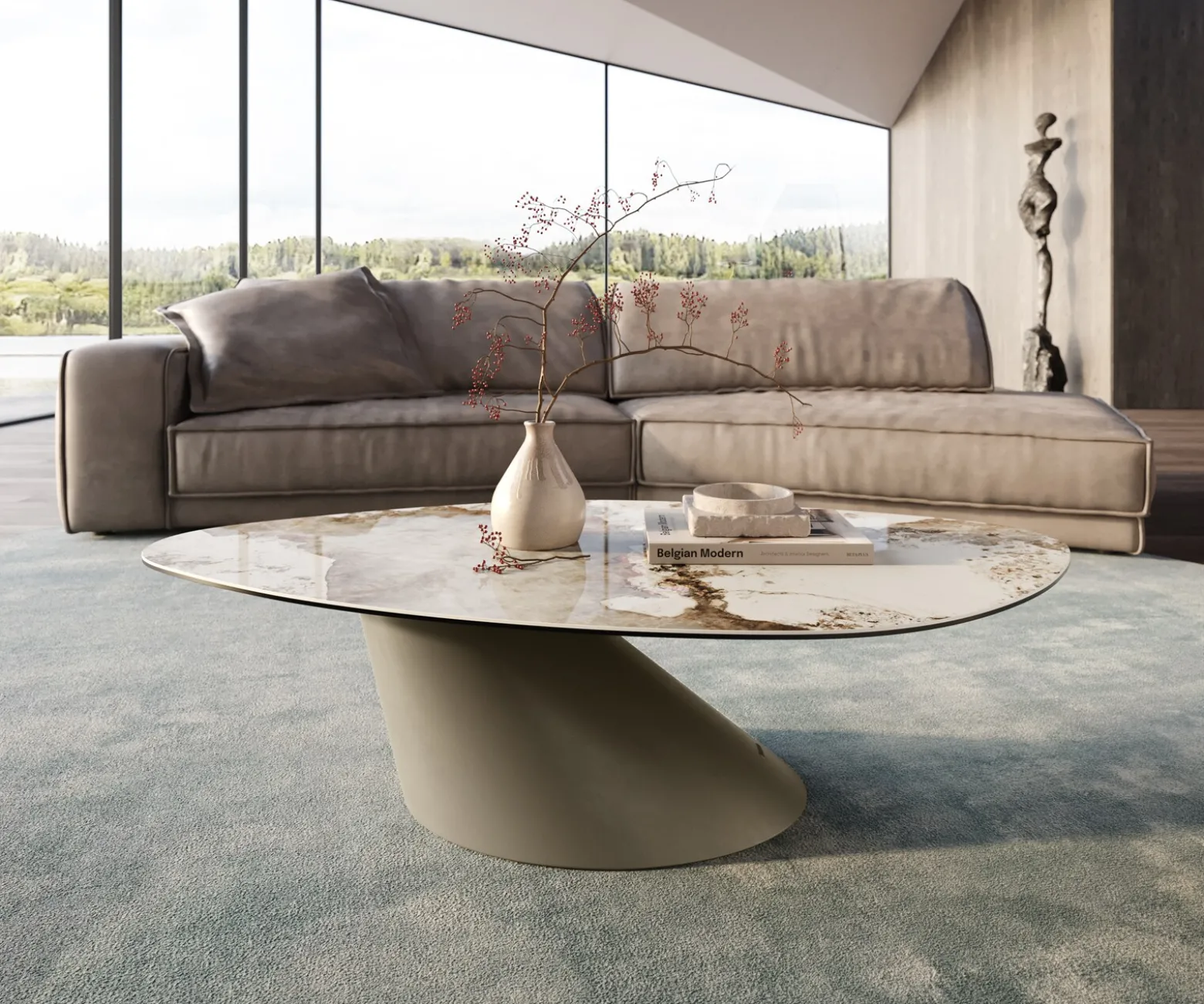CouchtischEdge Organisch 140x76 cm Keramik Minas Melange Conis Metall Effektfinish Titan Sofort versandfertig