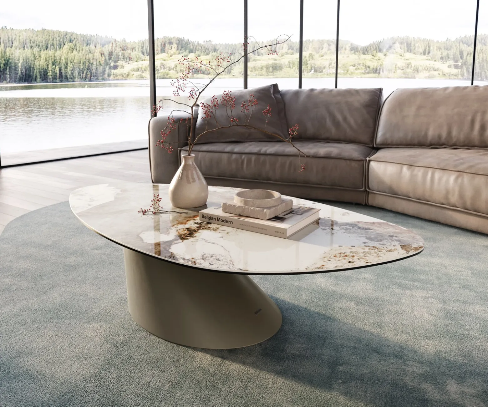 CouchtischEdge Organisch 140x76 cm Keramik Minas Melange Conis Metall Effektfinish Titan Sofort versandfertig