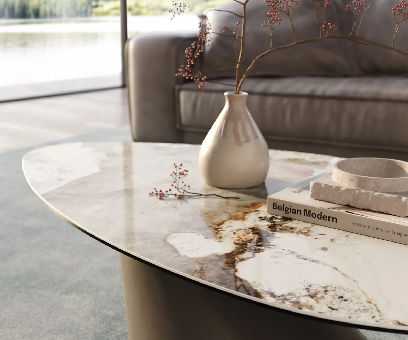 CouchtischEdge Organisch 140x76 cm Keramik Minas Melange Conis Metall Effektfinish Titan Sofort versandfertig