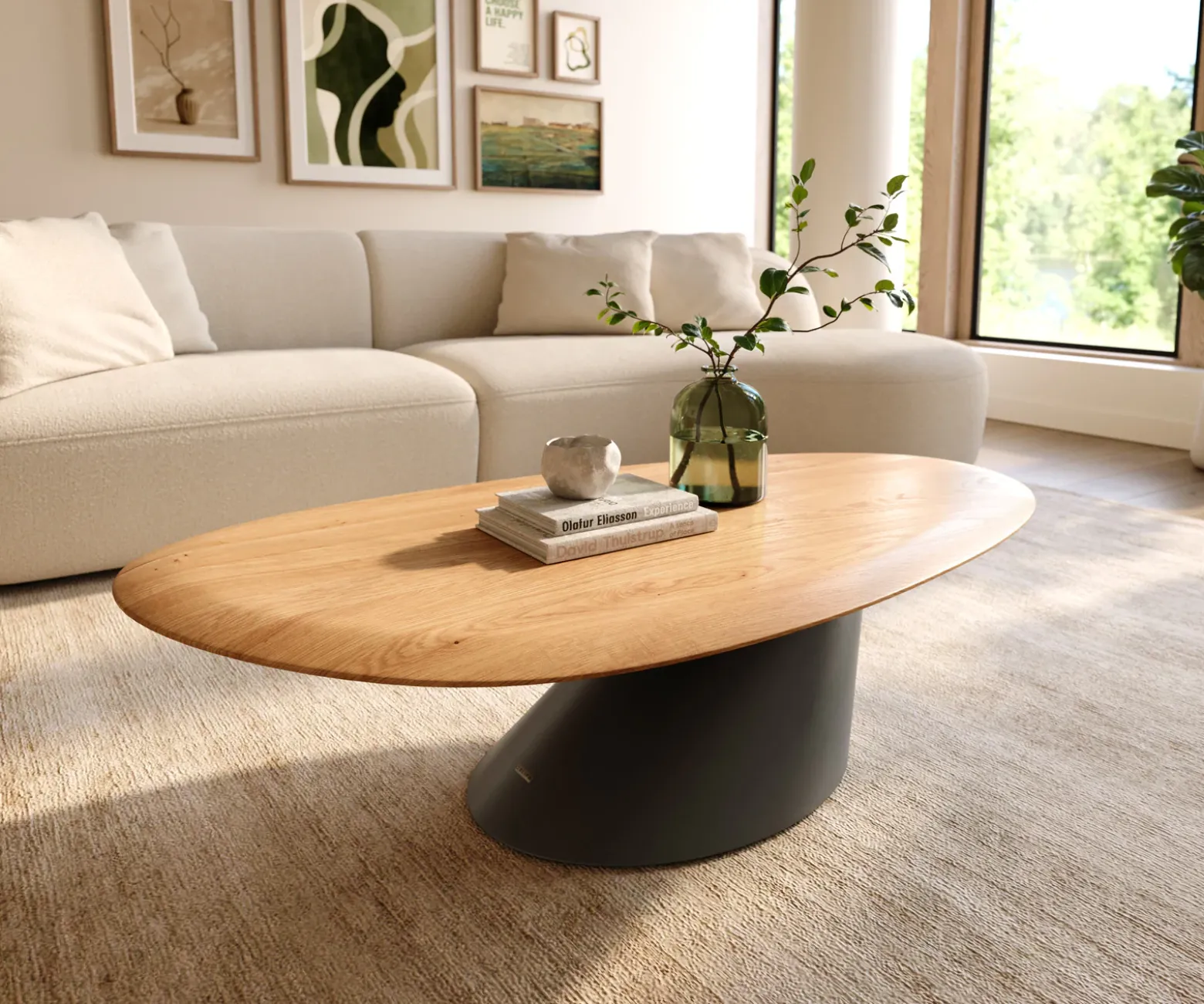 CouchtischEdge Oval 140x75 cm Eiche Natur Runde Kante Conis Metall Schwarz Versandfertig ca. 25.11.26