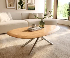 CouchtischEdge Oval 140x75 cm Eiche Natur Runde Kante Sarity Edelstahl gebürstet Sofort versandfertig