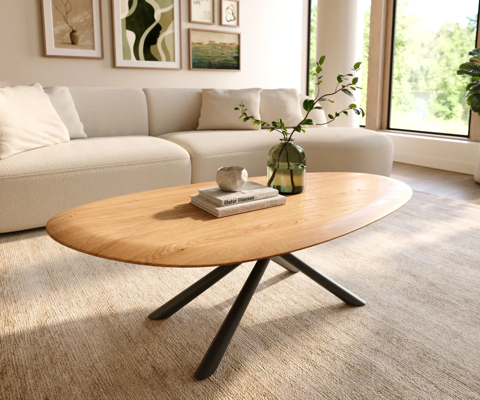 CouchtischEdge Oval 140x75 cm Eiche Natur Runde Kante Sarity Metall Schwarz Sofort versandfertig