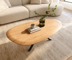 CouchtischEdge Oval 140x75 cm Eiche Natur Runde Kante Sarity Metall Schwarz Sofort versandfertig