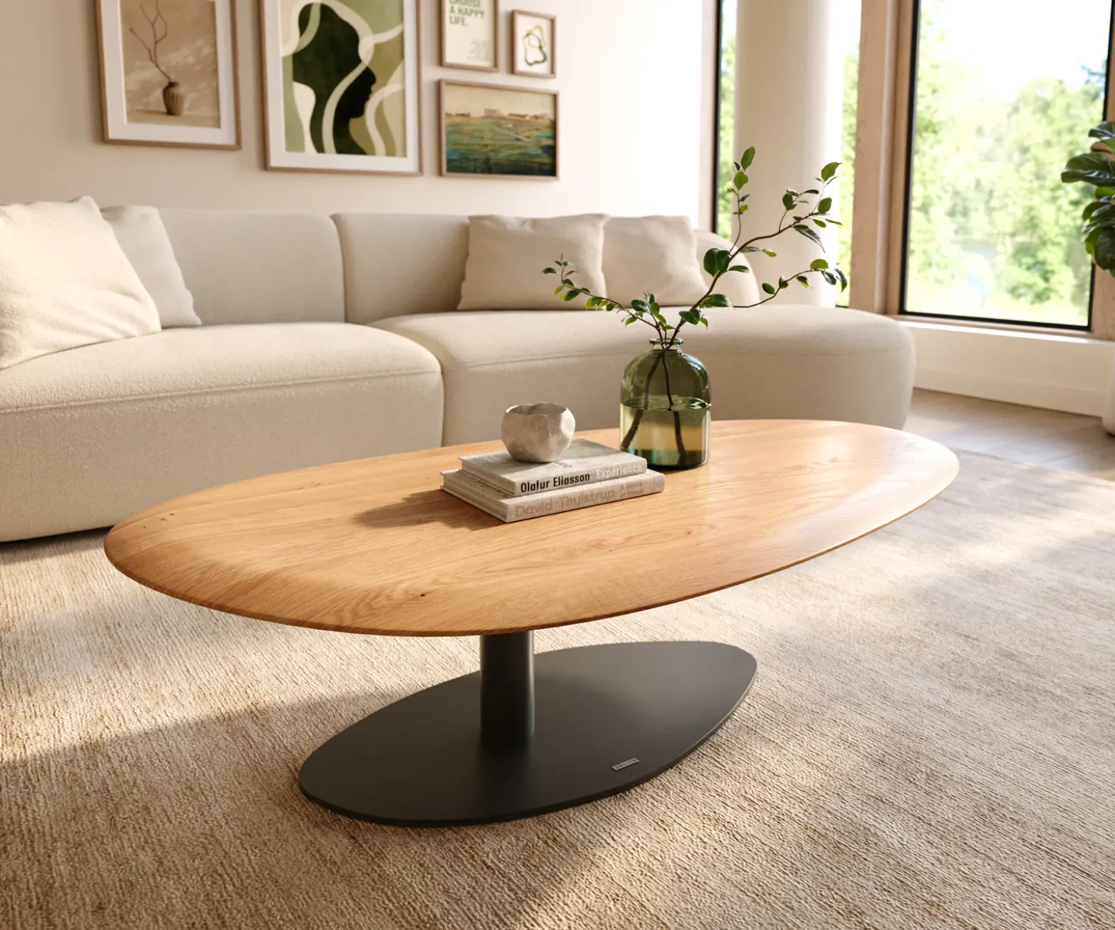 CouchtischEdge Oval 140x75 cm Eiche Natur Runde Kante Vibany Metall Schwarz Sofort versandfertig