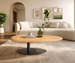 CouchtischEdge Oval 140x75 cm Eiche Natur Runde Kante Vibany Metall Schwarz Sofort versandfertig