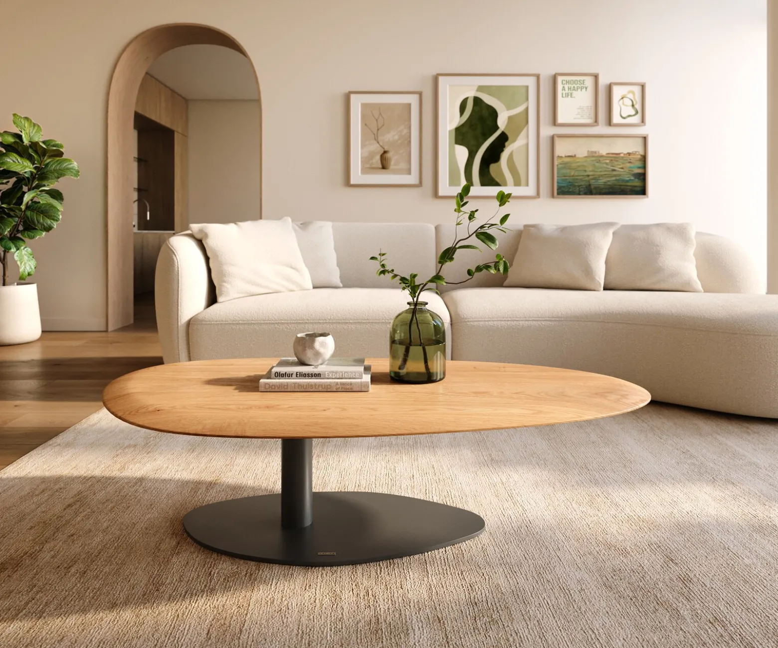 CouchtischEdge Oval 140x75 cm Eiche Natur Runde Kante Vibany Metall Schwarz Sofort versandfertig