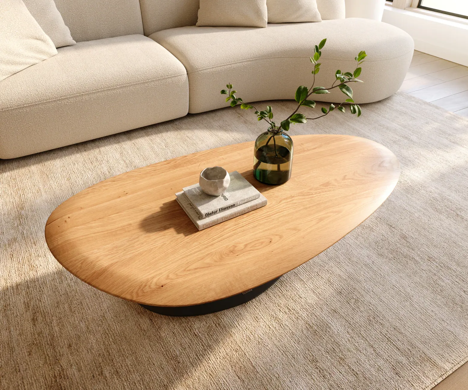 CouchtischEdge Oval 140x75 cm Eiche Natur Runde Kante Vibany Metall Schwarz Sofort versandfertig