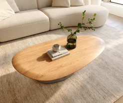 CouchtischEdge Oval 140x75 cm Eiche Natur Runde Kante Vibany Edelstahl gebürstet Sofort versandfertig