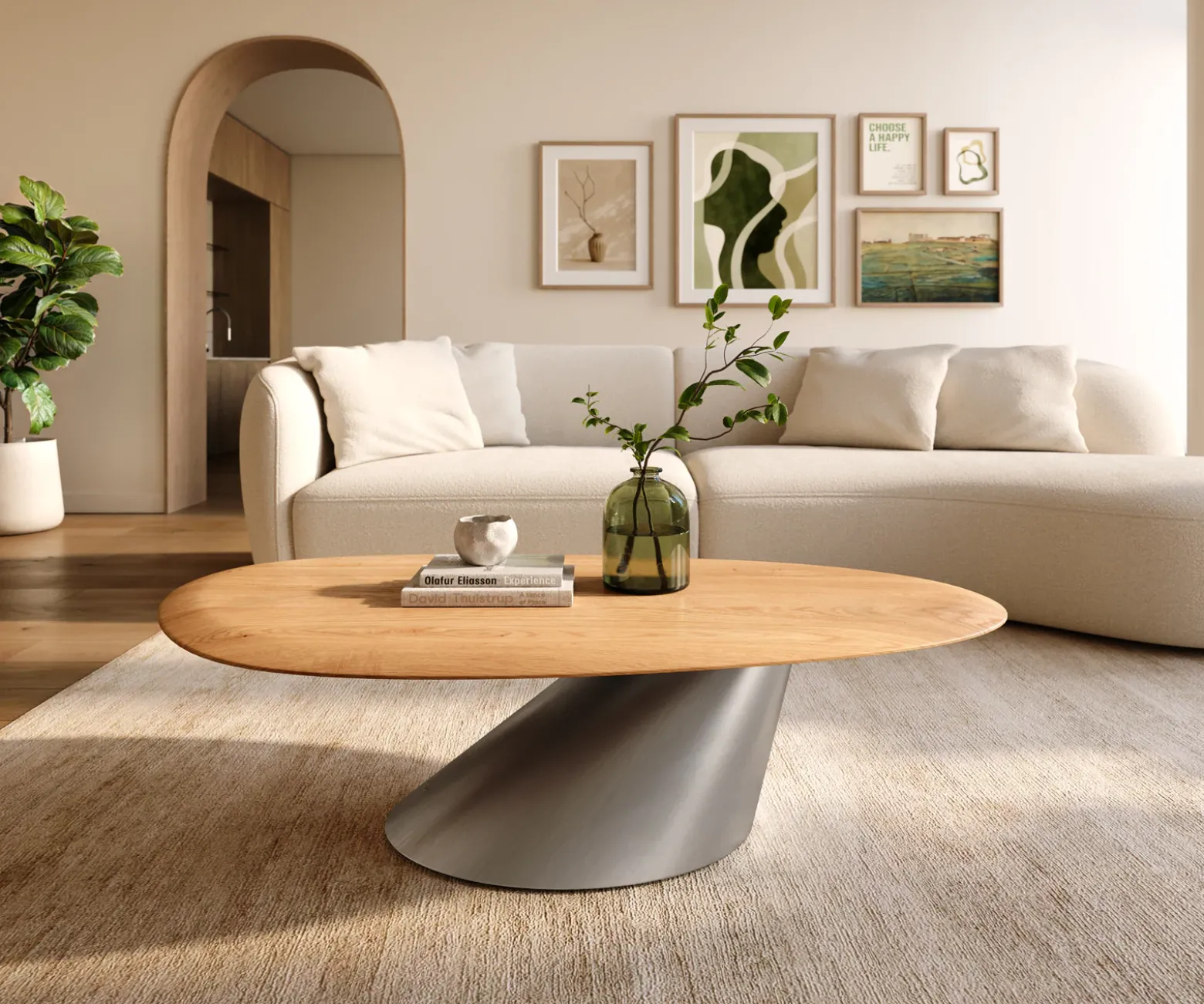 CouchtischEdge Oval 140x75 cm Eiche Natur Runde Kante Conis Edelstahl gebürstet Sofort versandfertig