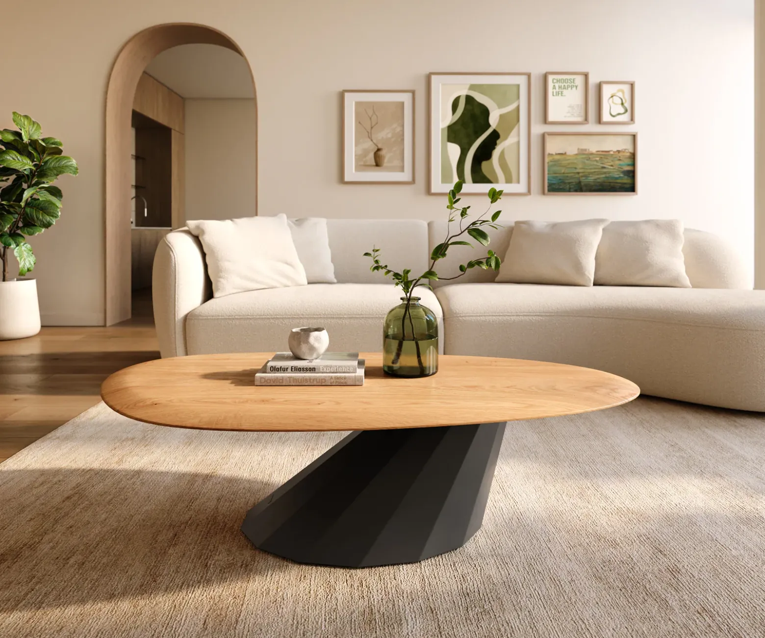 CouchtischEdge Oval 140x75 cm Eiche Natur Runde Kante Parabi Metall Schwarz Versandfertig ca. 30.10.26