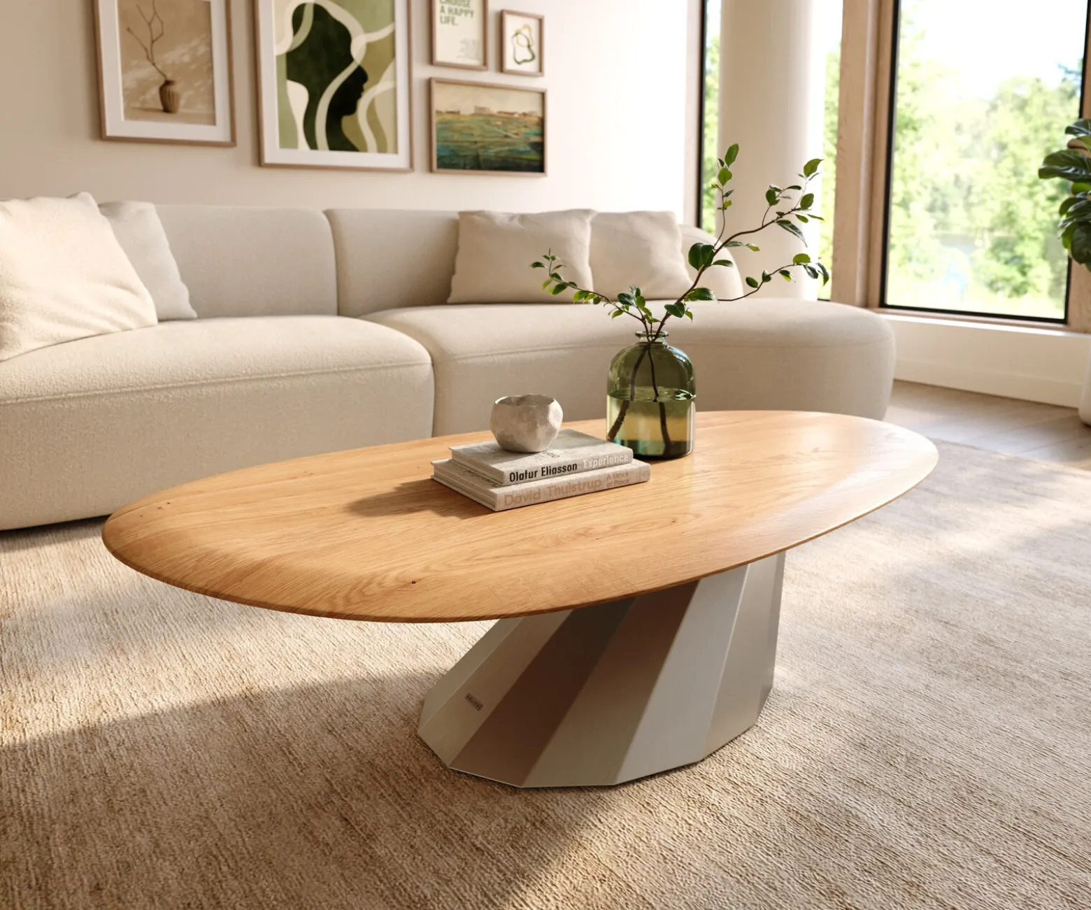 CouchtischEdge Oval 140x75 cm Eiche Natur Runde Kante Parabi Edelstahl gebürstet Sofort versandfertig