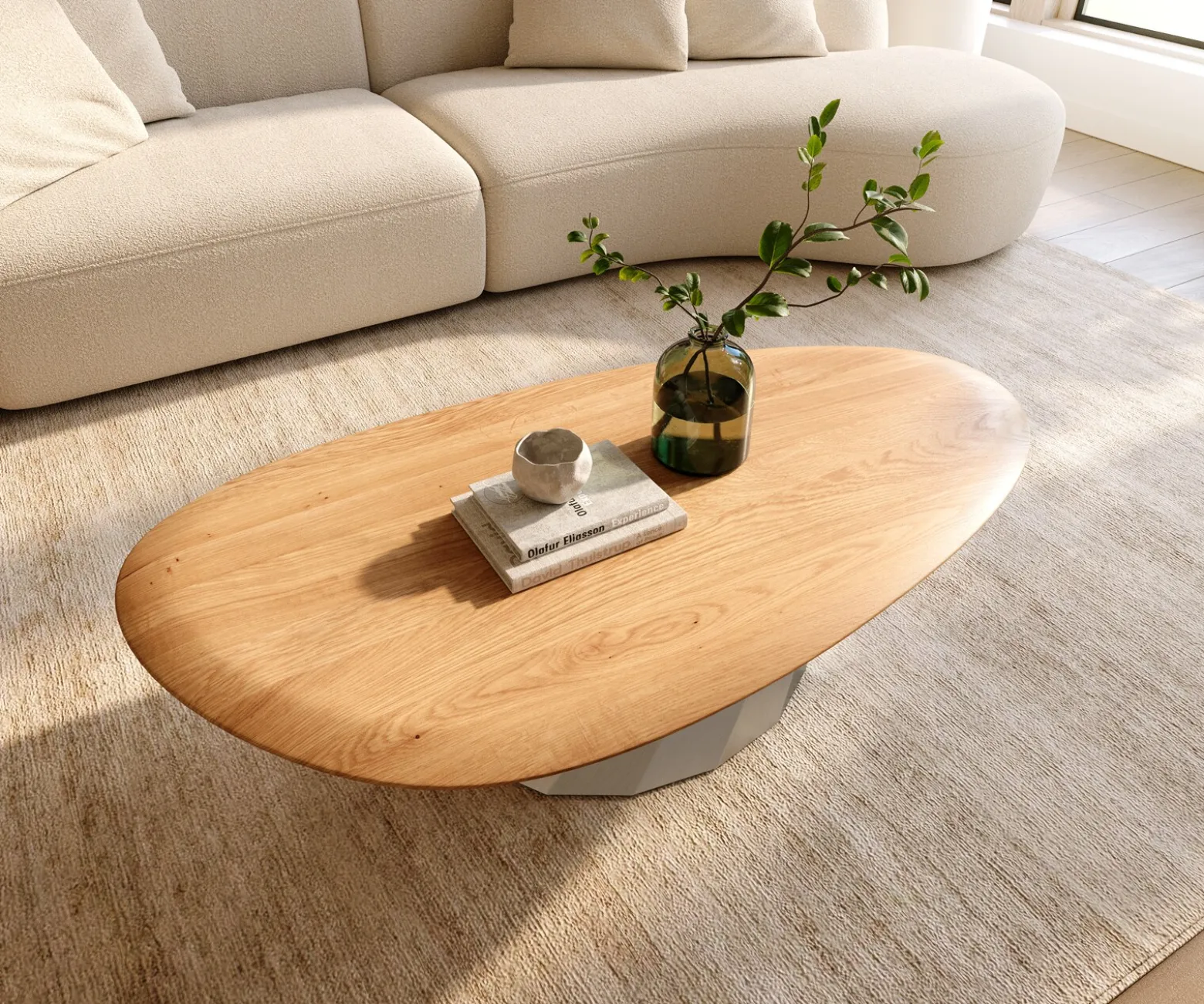 CouchtischEdge Oval 140x75 cm Eiche Natur Runde Kante Parabi Edelstahl gebürstet Sofort versandfertig