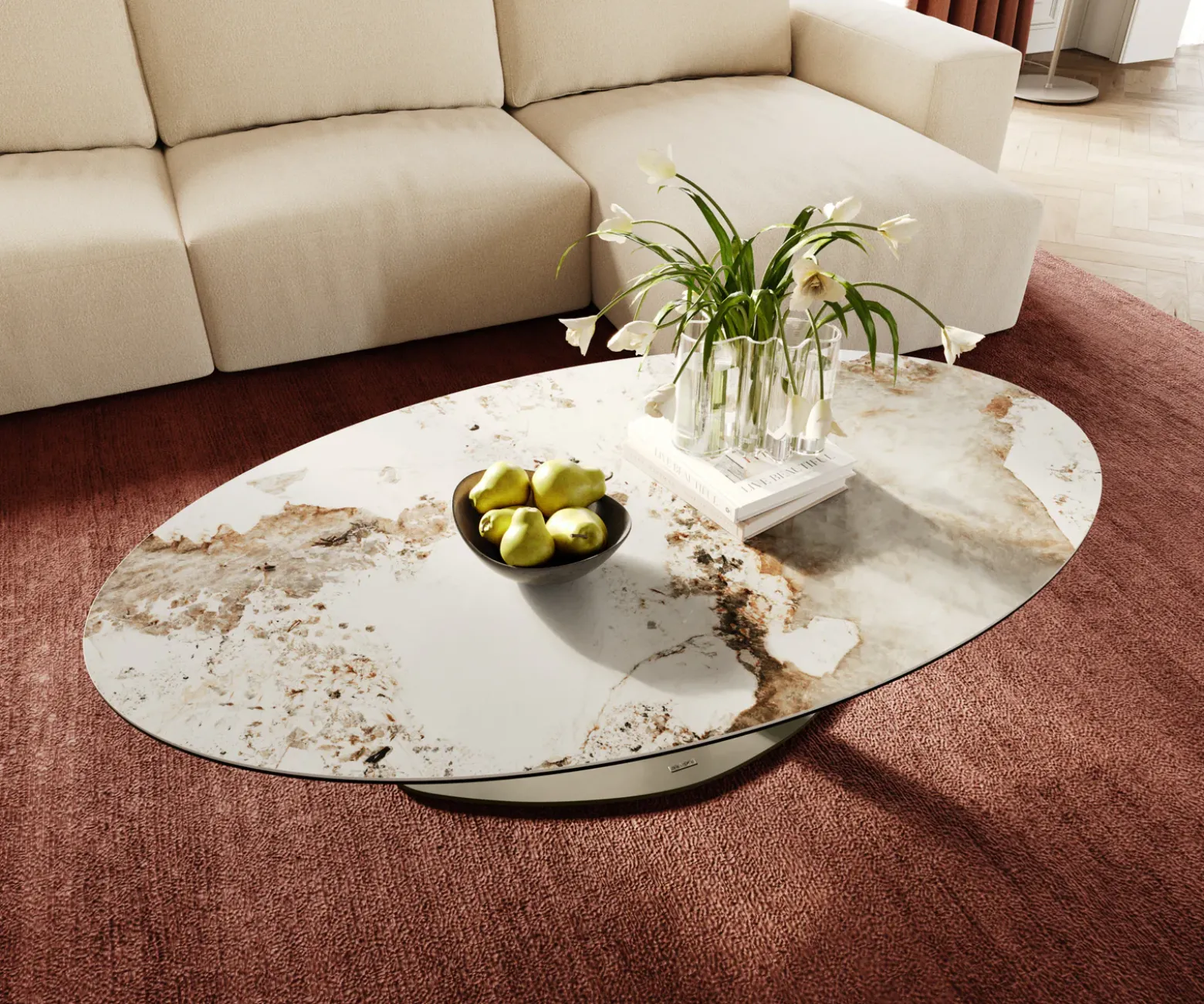 CouchtischEdge Oval 140x80 cm Keramik Minas Melange Vibany Metall Effektfinish Titan Sofort versandfertig