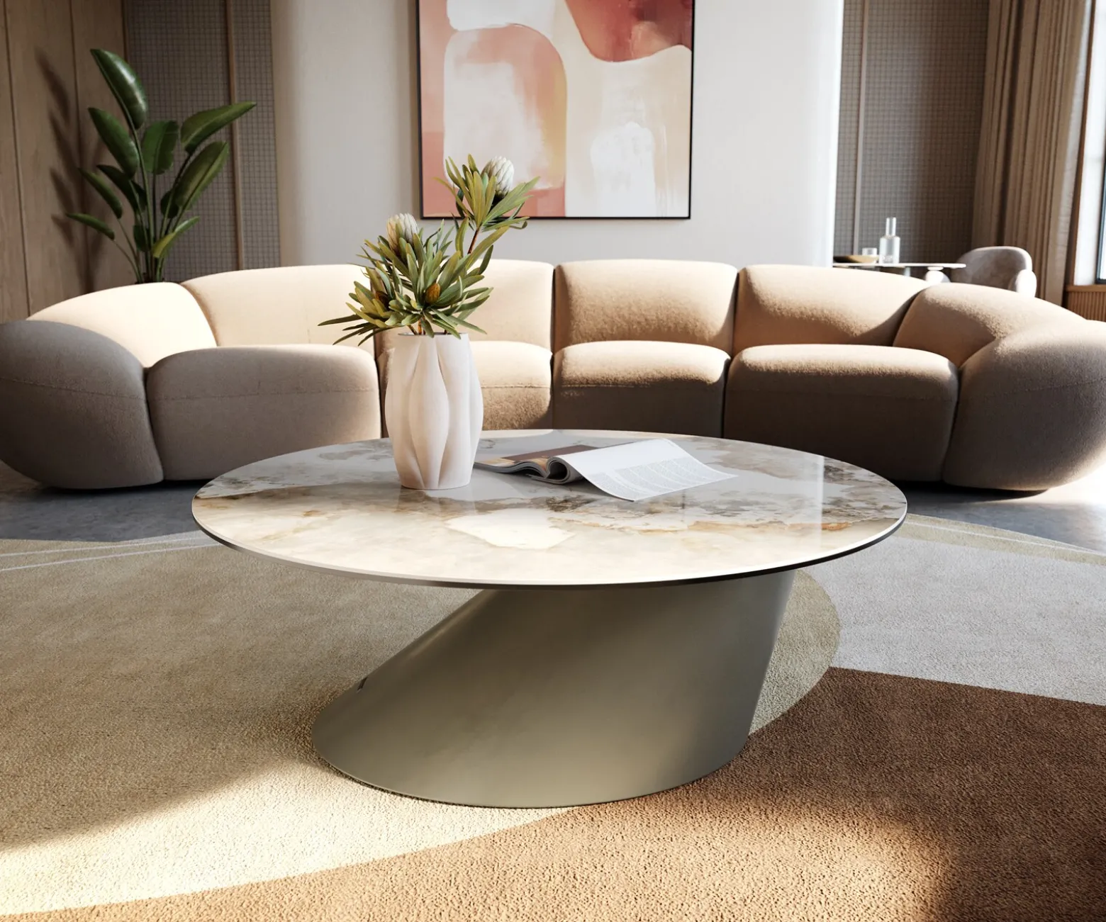 CouchtischEdge Rund 90x90 cm Keramik Minas Melange Conis Metall Effektfinish Titan Sofort versandfertig