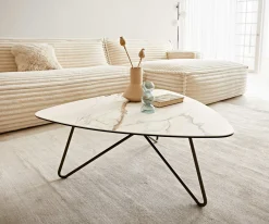 CouchtischEkrem 88x85 cm Keramik Calacatta Luxe Weiß-Gold-Grau Hairpin rund Metall Effektfinish Titan Sofort versandfertig