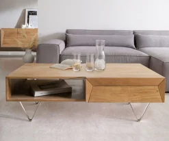 CouchtischKayu 115x60 cm Akazie Natur 2 Schübe V-Fuß Edelstahl Sofort versandfertig