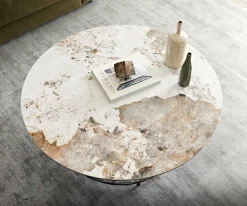 CouchtischLassina 100x100 cm Keramik Minas Melange Weiß-Beige Gestell Metall Effektfinish Titan Sofort versandfertig