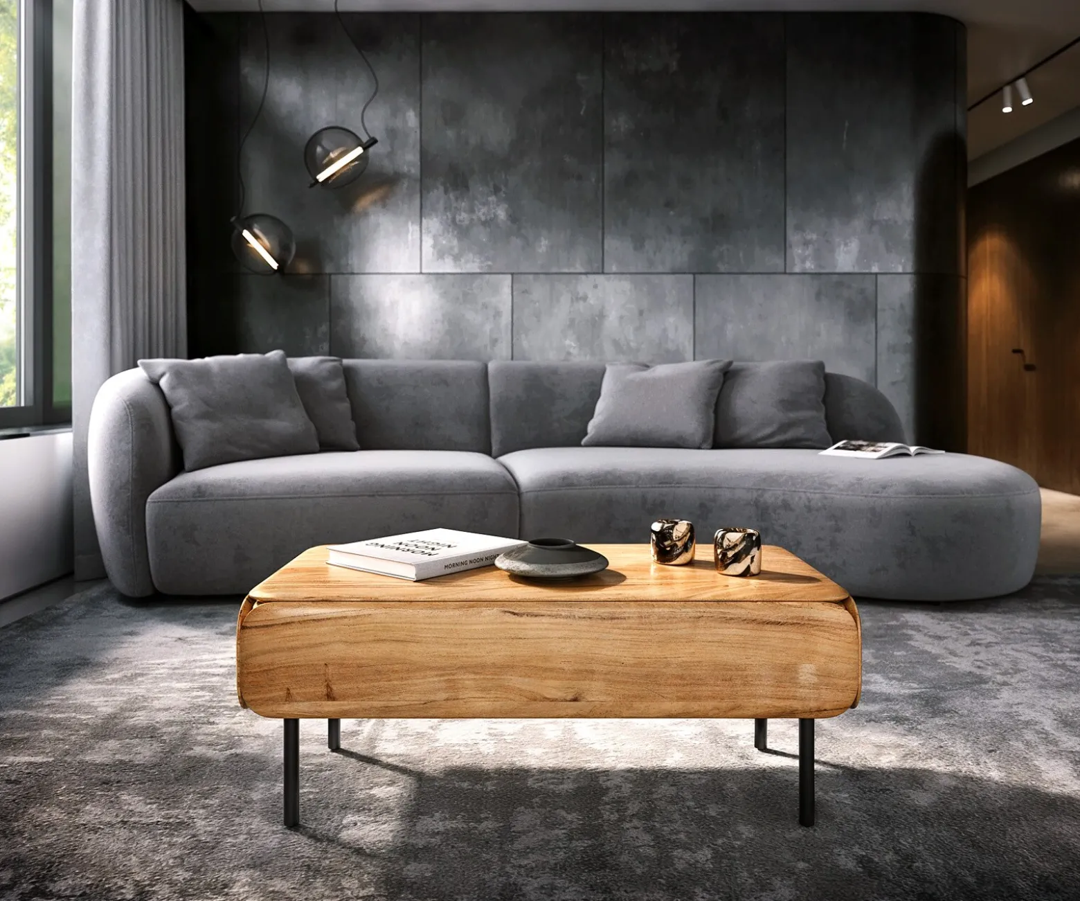 CouchtischShavani 100x50 cm Akazie Natur 1 Schublade Metall Schwarz Versandfertig ca. 28.10.26