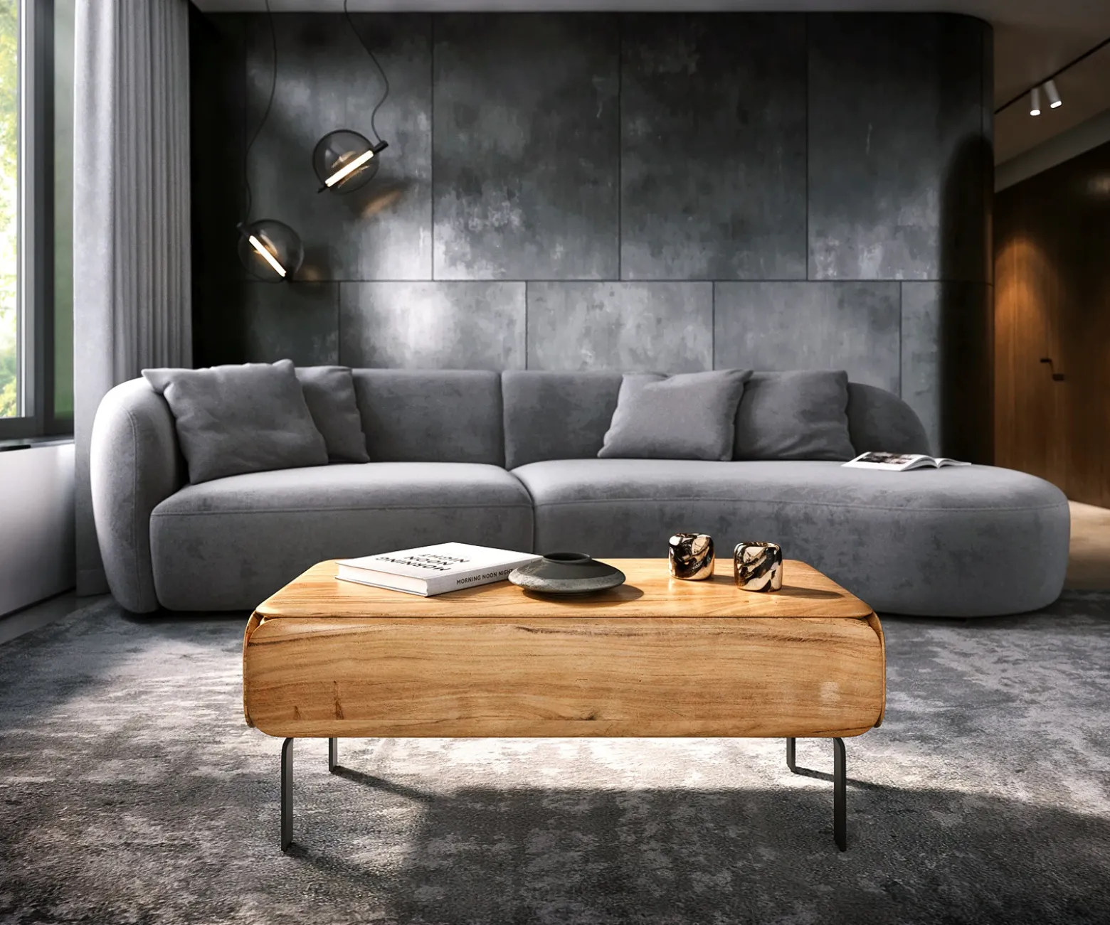 CouchtischShavani 100x50 cm Akazie Natur 1 Schublade L-Fuß Metall Schwarz Sofort versandfertig