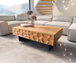 CouchtischSolu 120x70 cm Akazie Natur 4 Schübe Fuß schwebend Metall Schwarz 3D-Front Sofort versandfertig