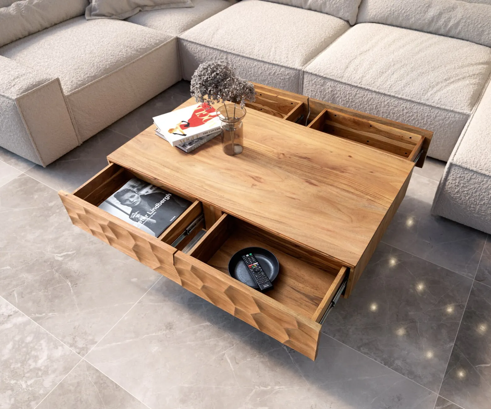 CouchtischSolu 120x70 cm Akazie Natur 4 Schübe Fuß schwebend Metall Schwarz 3D-Front Sofort versandfertig