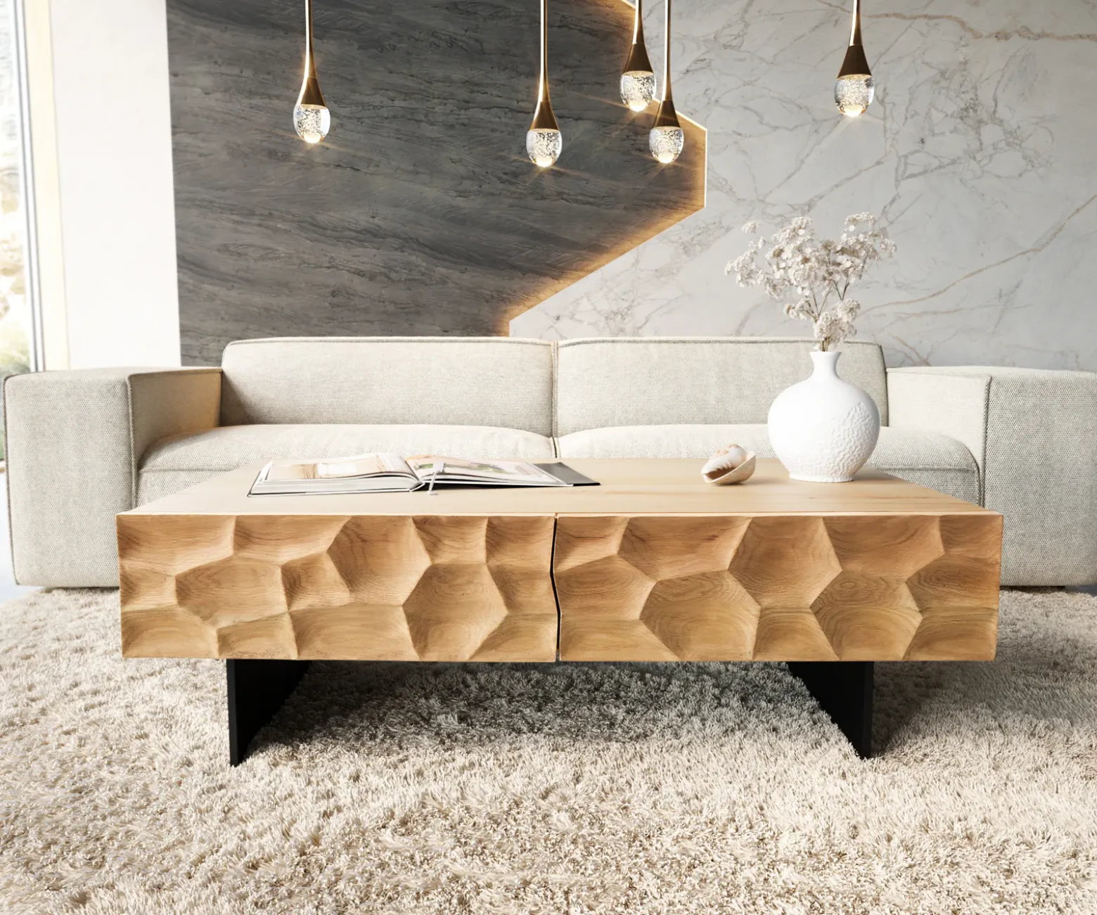 CouchtischSolu 120x70 cm Eiche Natur 4 Schübe Fuß schwebend Metall Schwarz 3D-Front Sofort versandfertig
