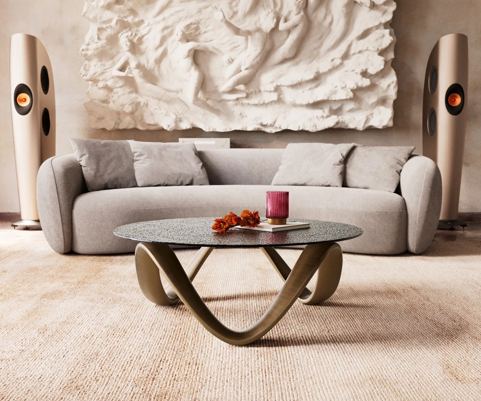 CouchtischTanju 90x90 cm Metallic Gold mit Reliefglas Taupe Versandfertig ca. 11.09.26