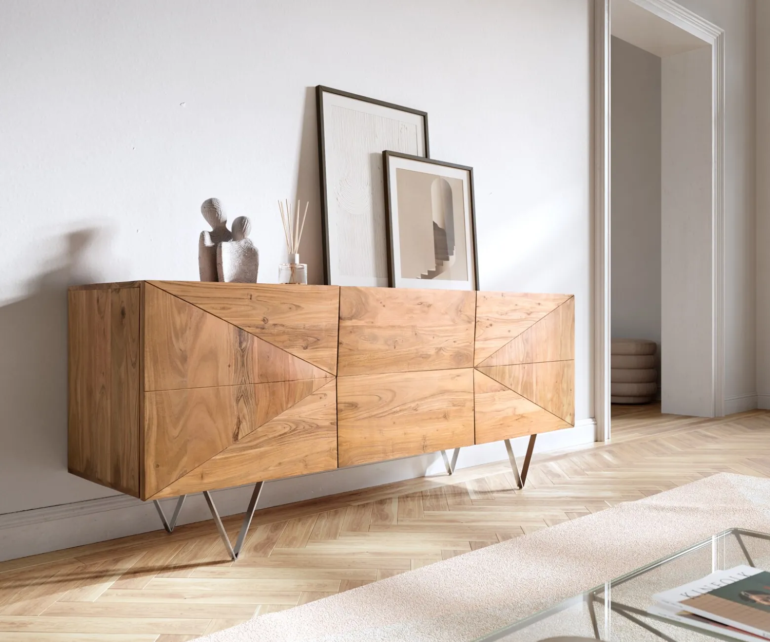 Design-SideboardWyatt 175 cm 3D Optik mittig Akazie Natur Edelstahl Sofort versandfertig