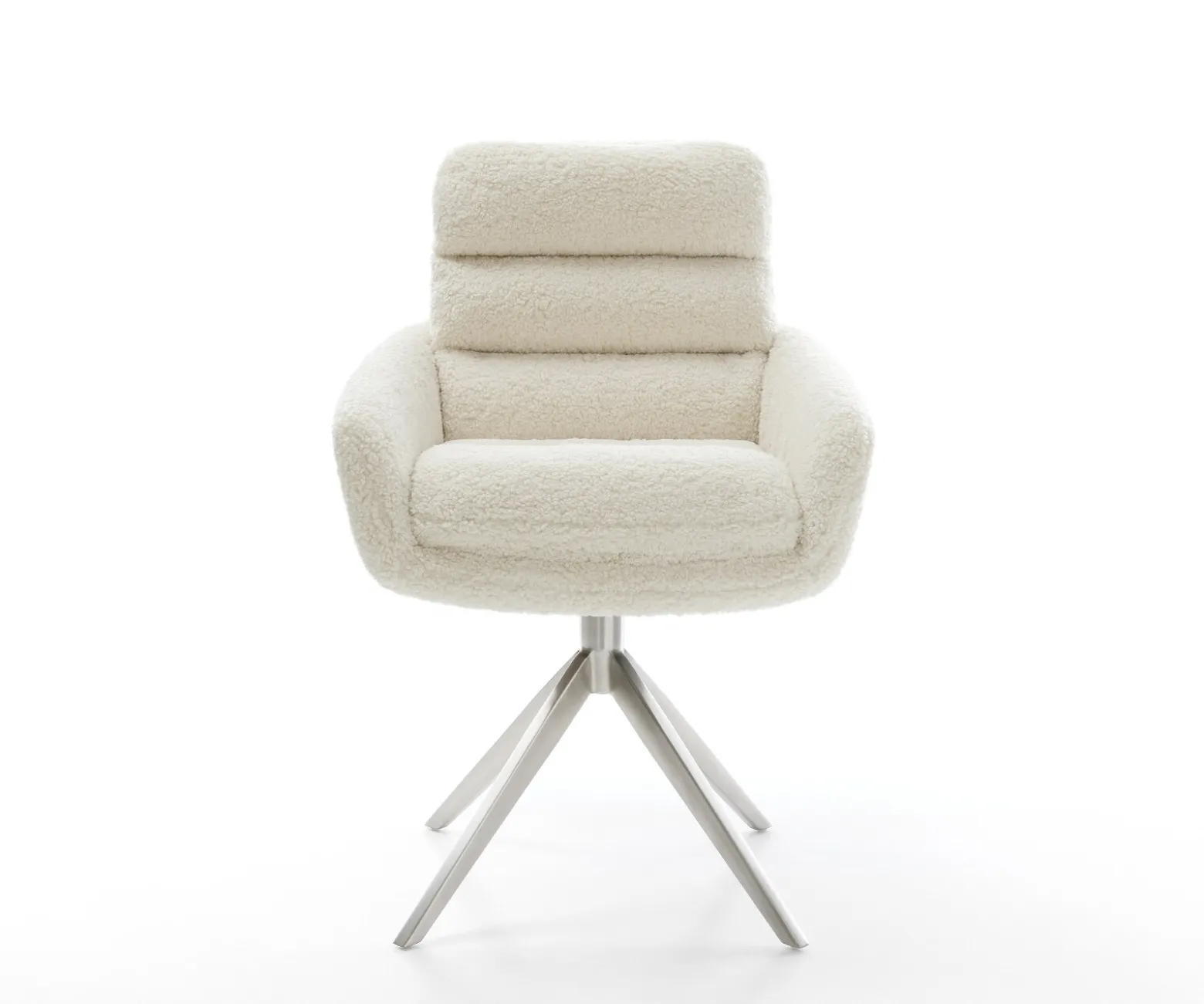 DrehstuhlAbelia-Flex mit Armlehnen Teddystoff Beige Kreuzgestell breit Edelstahl 360° drehbar Wippfunktion Sofort versandfertig