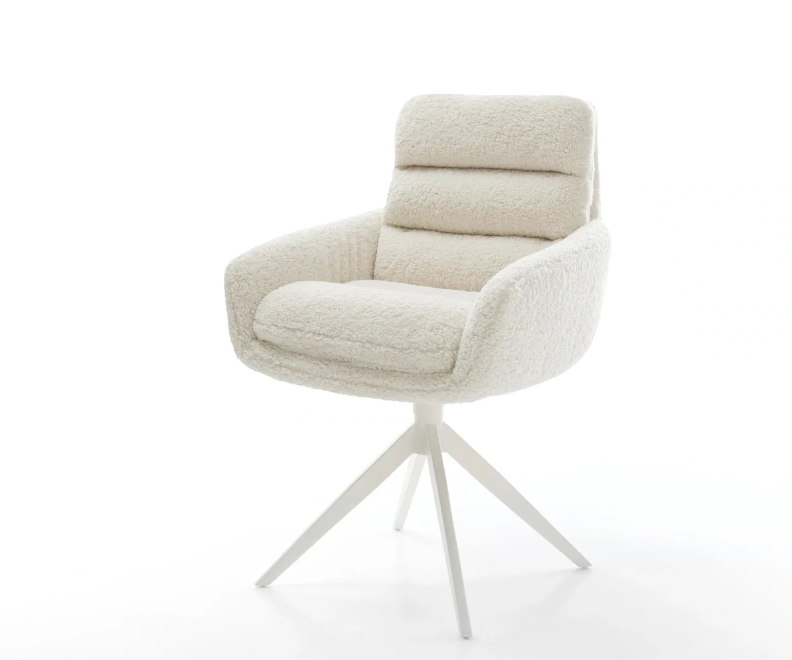 DrehstuhlAbelia-Flex mit Armlehnen Teddystoff Beige Kreuzgestell breit Weiß 360° drehbar Wippfunktion Sofort versandfertig