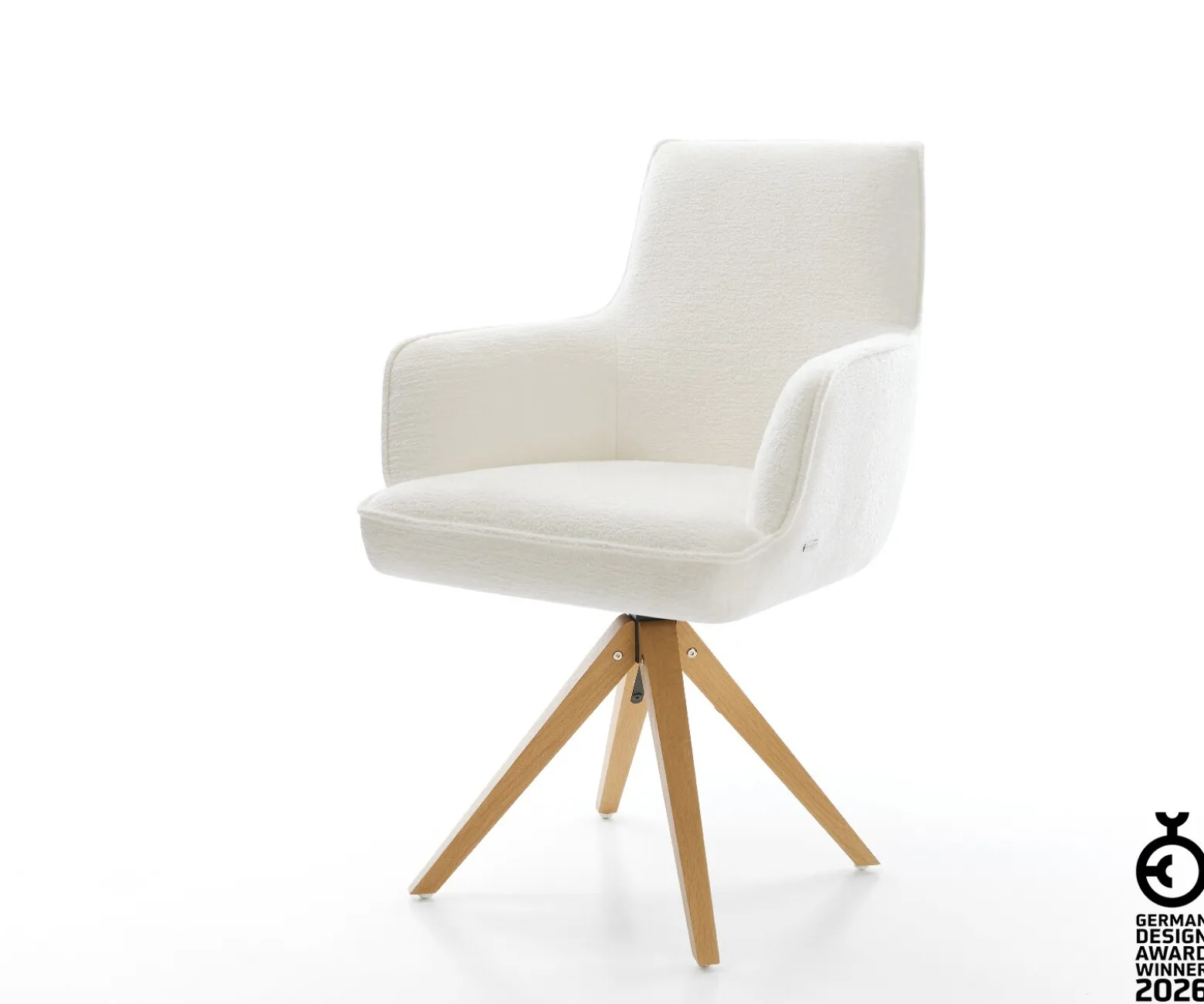 DrehstuhlHeira-Flex mit Armlehnen Bouclé Soft Beige Holzgestell kantig Natur 360° drehbar Taschenfederkern Versandfertig ca. 28.10.26