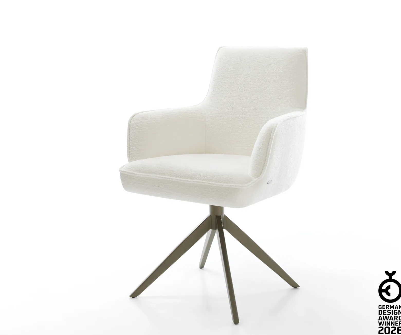 DrehstuhlHeira-Flex mit Armlehnen Bouclé Soft Beige Kreuzgestell breit Effektfinish Titan 360° drehbar Wippfunktion Taschenfederkern Sofort versandfertig
