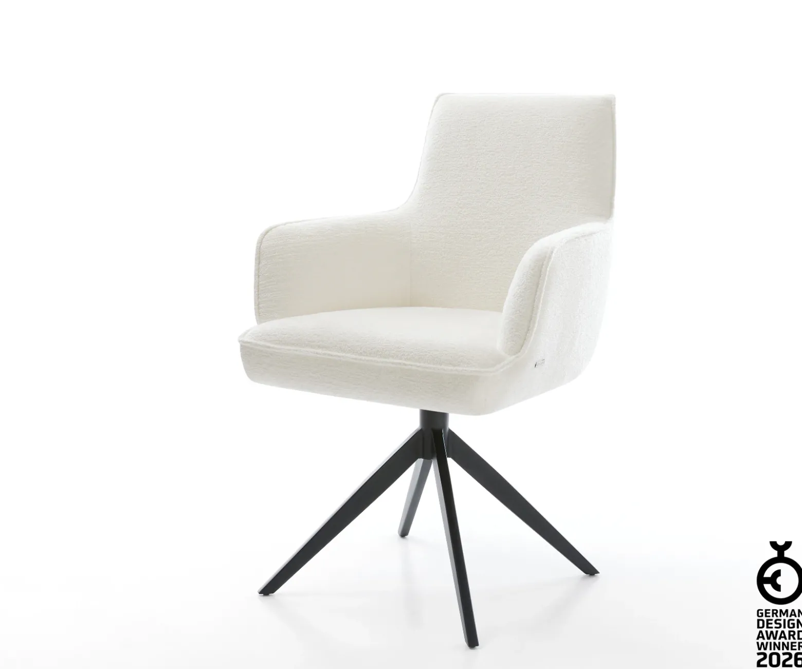 DrehstuhlHeira-Flex mit Armlehnen Bouclé Soft Beige Kreuzgestell breit Schwarz 360° drehbar Wippfunktion Taschenfederkern Sofort versandfertig
