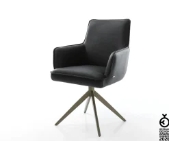 DrehstuhlHeira-Flex mit Armlehnen Echt-Leder Schwarz Kreuzgestell breit Effektfinish Titan 360° drehbar Taschenfederkern Sofort versandfertig