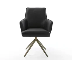 DrehstuhlHeira-Flex mit Armlehnen Echt-Leder Schwarz Kreuzgestell breit Effektfinish Titan 360° drehbar Taschenfederkern Sofort versandfertig