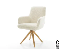 DrehstuhlHeira-Flex mit Armlehnen Teddystoff Beige Holzgestell kantig Natur 360° drehbar Taschenfederkern Versandfertig ca. 28.10.26