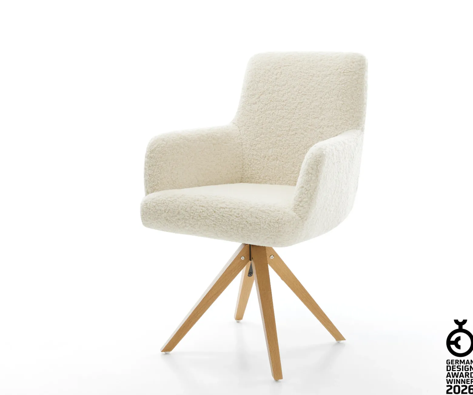 DrehstuhlHeira-Flex mit Armlehnen Teddystoff Beige Holzgestell kantig Natur 360° drehbar Taschenfederkern Versandfertig ca. 28.10.26