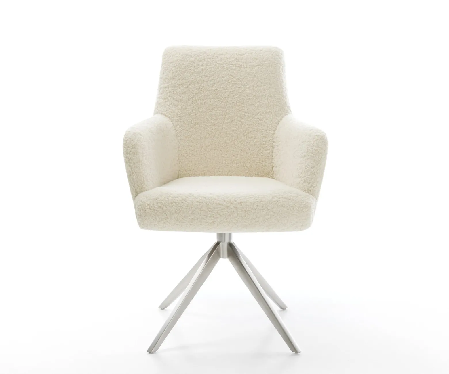 DrehstuhlHeira-Flex mit Armlehnen Teddystoff Beige Kreuzgestell breit Edelstahl 360° drehbar Wippfunktion Taschenfederkern Sofort versandfertig