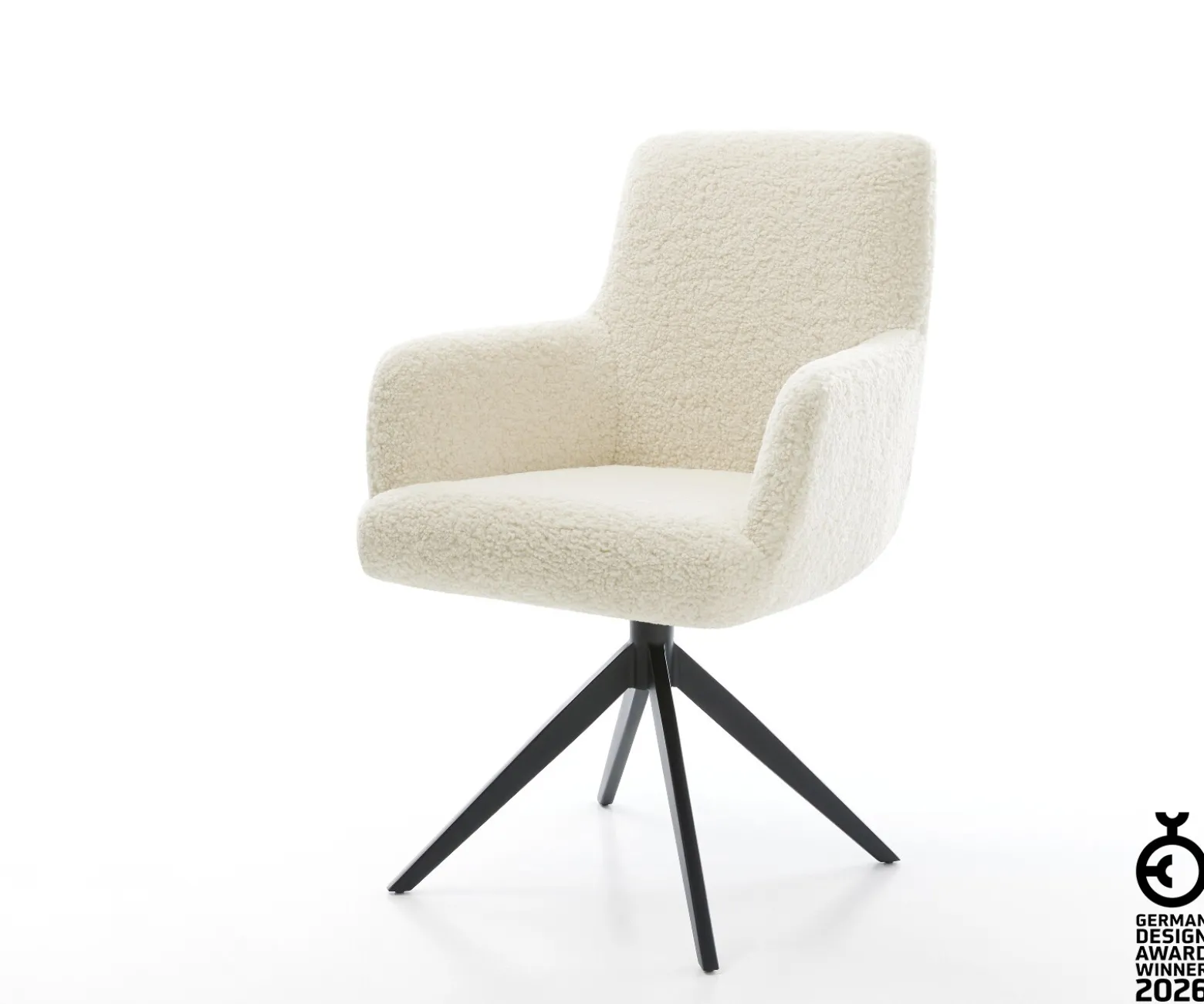 DrehstuhlHeira-Flex mit Armlehnen Teddystoff Beige Kreuzgestell breit Schwarz 360° drehbar Wippfunktion Taschenfederkern Sofort versandfertig