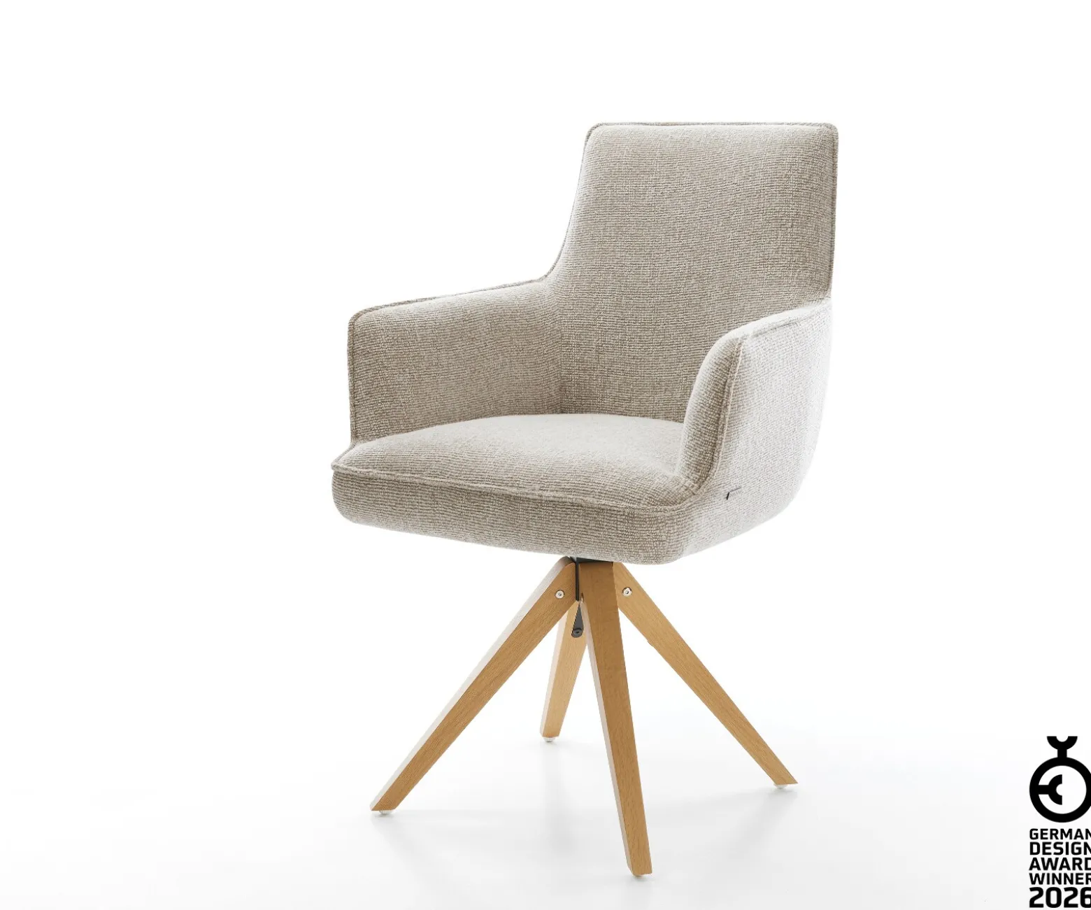 DrehstuhlHeira-Flex mit Armlehnen Webstoff Soft Beige Holzgestell kantig Natur 360° drehbar Taschenfederkern Versandfertig ca. 28.10.26