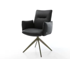 DrehstuhlJova-Flex mit Armlehnen Echt-Leder Schwarz Kreuzgestell breit Effektfinish Titan 360° drehbar Wippfunktion Taschenfederkern Sofort versandfertig