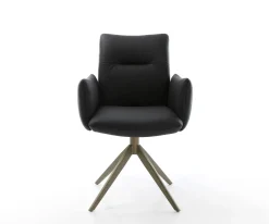 DrehstuhlJova-Flex mit Armlehnen Echt-Leder Schwarz Kreuzgestell breit Effektfinish Titan 360° drehbar Wippfunktion Taschenfederkern Sofort versandfertig