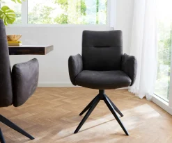 DrehstuhlJova-Flex mit Armlehnen Mikrofaser Anthrazit Vintage Kreuzgestell breit Schwarz 360° drehbar Taschenfederkern Sofort versandfertig